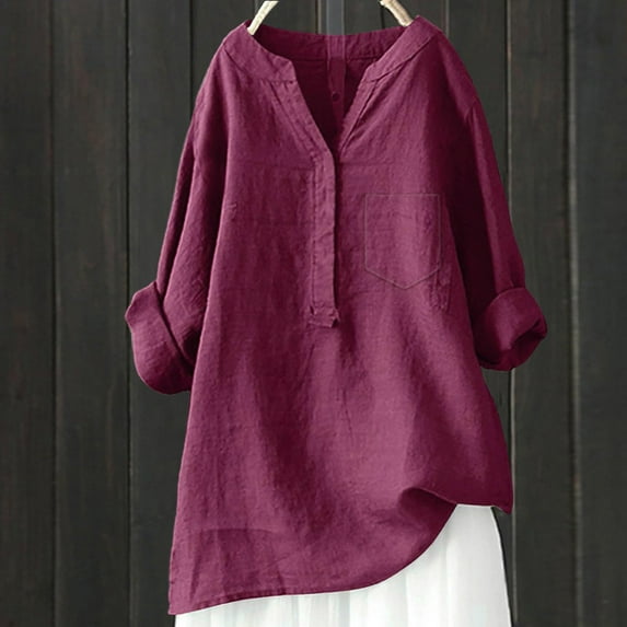 BILIKEYU Women's Cotton Linen Casual V Neck Blouses, Women Blouses, Casual Shirts for Women, V Neck Shirts for Women