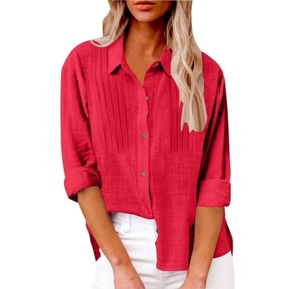 BILIKEYU Women's Cotton Linen Shirts Pleated Tops, Casual Shirts for Women, Linen Tops for Women, Button Down Shirts for Women