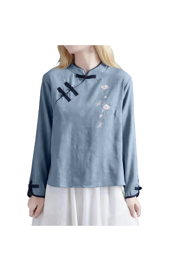 Women's Cotton Linen Shirts Retro Mandarin Collar Chinese Frog Button Tops Blouse Retro Embroidered Vertical Collar and Buckle Elegant Clothing, Blue
