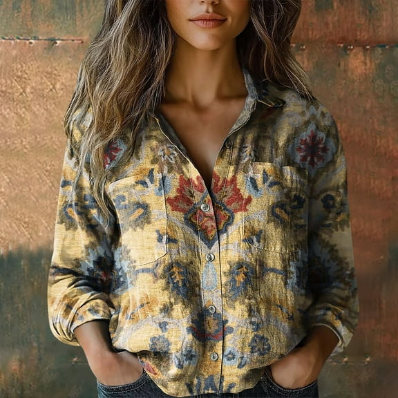 BILIKEYU Women's Cotton Printed Casual Tops Blouse, Gauze Shirts for Women, Button Down Shirts for Women, Casual Shirts for Women