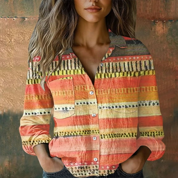 BILIKEYU Women's Cotton Printed Fashion Button Down Casual Tops, Fall Womens Tops, Womens Long Sleeve Tops, Fall Outfits for Women
