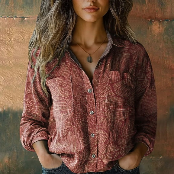 BILIKEYU Women's Cotton Printed Fashion Button Down Shirts, Long Sleeve Shirts for Women, Fall Outfits for Women, Fall Womens Tops