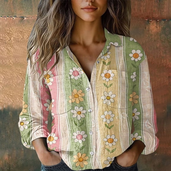 BILIKEYU Women's Cotton Printed Fashion Button Down Shirts, Womens Long Sleeve Tops, Long Sleeve Shirts for Women, Fall Womens Tops