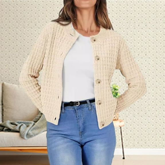 BILIKEYU Women's Crew Neck Knitted Top Cardigan Sweater Coat, Cardigan Sweaters for Women, Womens Tops, Fall Clothes