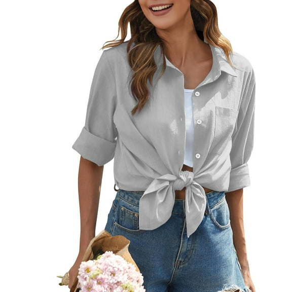 BILIKEYU Women's Daily Casual Linen Long Sleeve Shirts Tops, Womens Tops, Fall Clothes for Women, Long Sleeve Shirts for Women