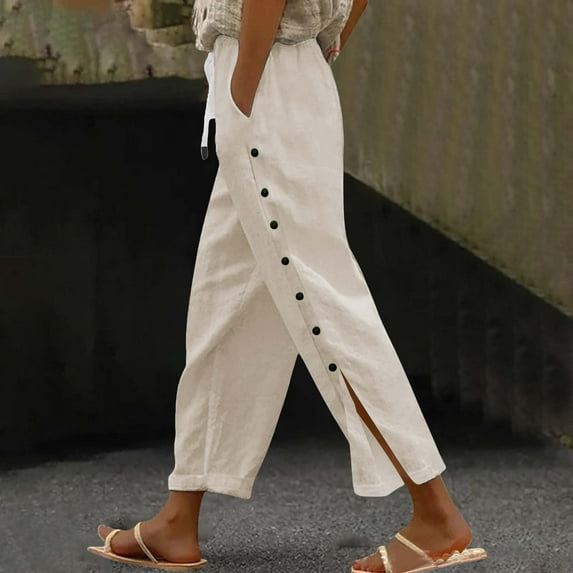 BILIKEYU Women's Fashion Solid Color Cotton Linen Casual Pants, Straight Leg Jeans for Women, Wide Leg Pants Woman, Stretchy Work Pants for Women