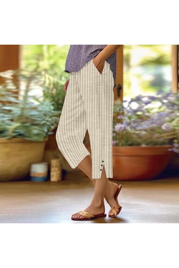 Women's Fashionable Casual Buttons with Pockets Cotton And Linen Loose Shorts Striped Cotton And Linen Pants, Tan Pants Women, Hot Pants for Women, Hot Weather Pants Women