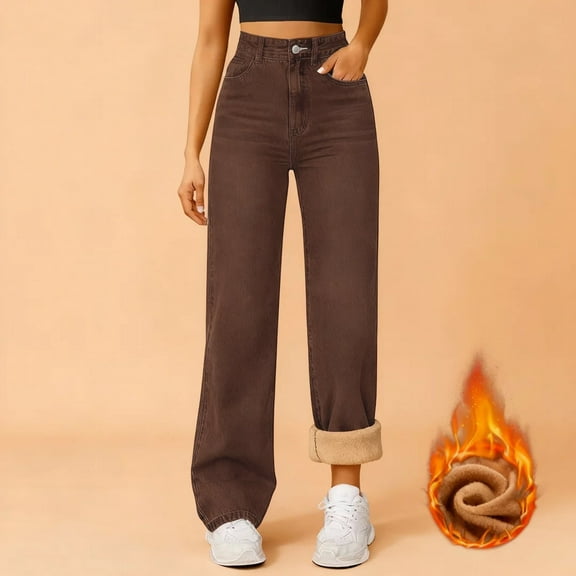 BILIKEYU Women's Fleece Lined High Waisted Straight Leg Jeans, Womens Fall Pants, Flannel Pajama Pants Women, Womens Trousers