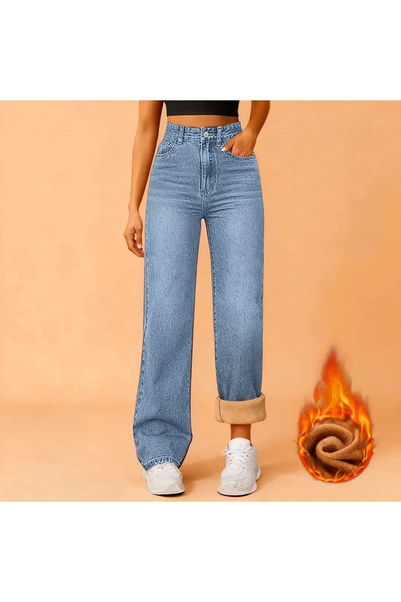 Women's Fleece Lined High Waisted Straight Leg Jeans, Womens Fall Pants, Flannel Pajama Pants Women, Womens Trousers