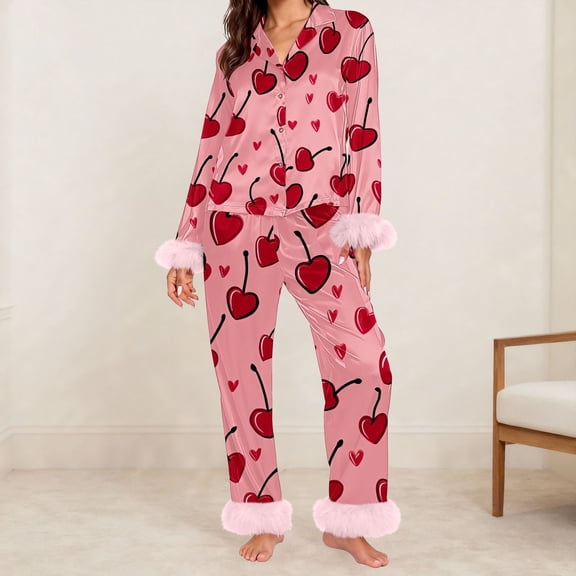 BILIKEYU Women's Fleece Valentine Pajama Set Breathable Cotton Blend