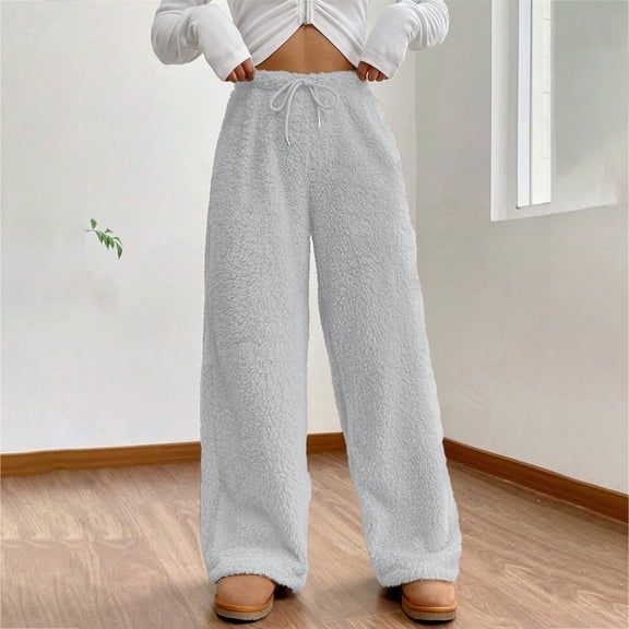 BILIKEYU Women's Fuzzy Plush Elastic Waist Wide Leg Pants, Winter Pants for Women, Fuzzy Pajama Pants, Wide-Leg Trousers