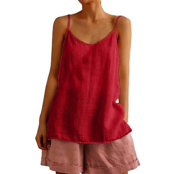BILIKEYU Women's Linen Tank Tops, Oversized Breathable Top Soft Linen Blend Flowy Sleeveless Casual Daily Wear Weekend Getaway, Red
