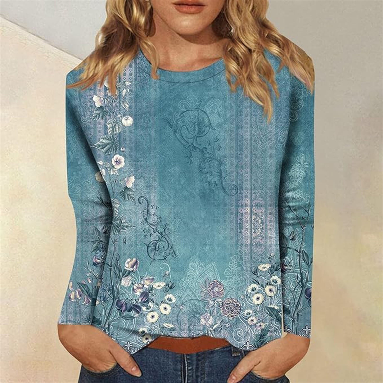 BILIKEYU Women's Long Sleeve Crew Neck Comfy Printed Tops Blouse ...