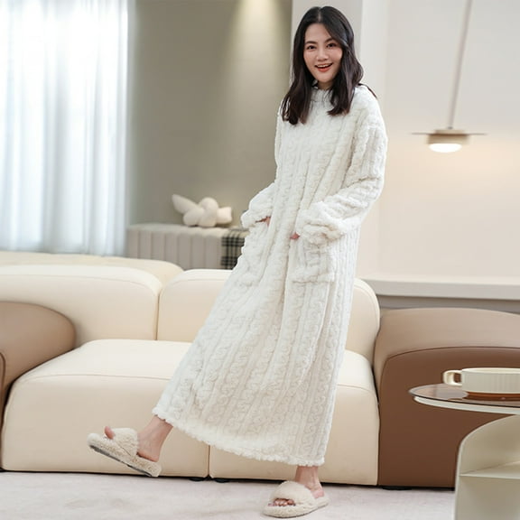 BILIKEYU Women's Loose Thickened Coral Fleece Warm Long Sleeved Bathrobe, Women's Sleepwear, Bathrobe for Women, Fall Pajamas