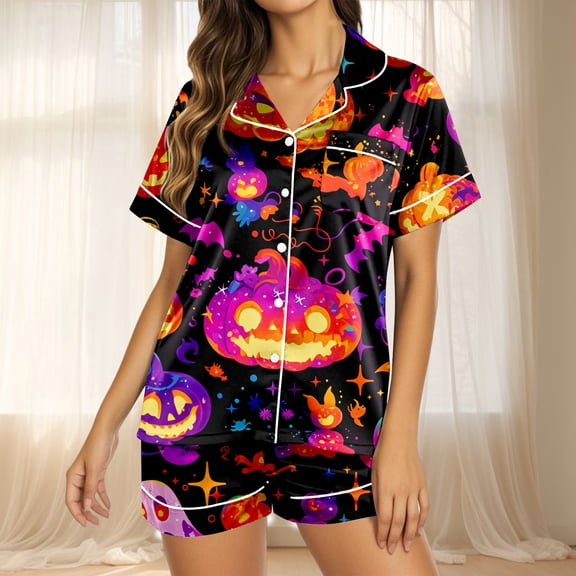 BILIKEYU Women's Pajama Sets Halloween Print Buttoned Waist Set, Womens Tops, Pajamas for Women Set, Halloween Pajamas Women