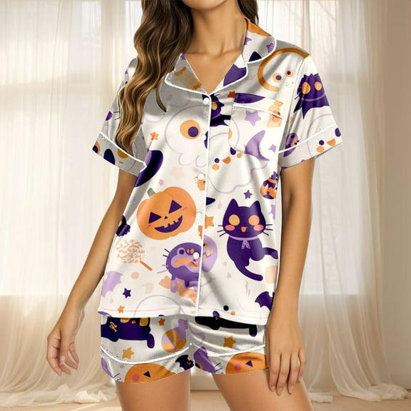 BILIKEYU Women's Pajama Sets Halloween Print Buttoned Waist Set, Womens Tops, Pajamas for Women Set, Halloween Pajamas Women