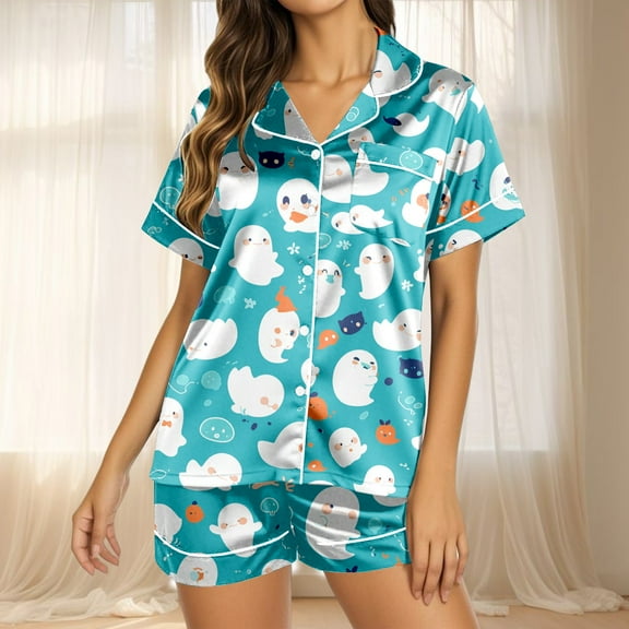 BILIKEYU Women's Pajama Sets Halloween Print Buttoned Waist Set, Womens Tops, Pajamas for Women Set, Halloween Pajamas Women