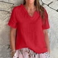 thumbnail image 1 of BILIKEYU Women's Solid Color Casual Cotton And Linen Ruffled V Neck Shirt，Womens Tops, Summer Tops, Cropped T Shirts For Women, 1 of 5