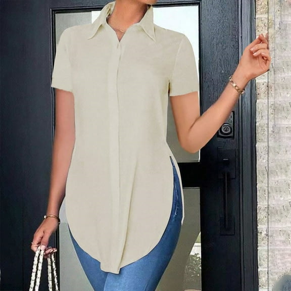 BILIKEYU Women's Solid Color Casual Short Sleeve Slim Down Shirt, Womens Tops, Business Casual Outfits for Women, Fall Clothes for Women