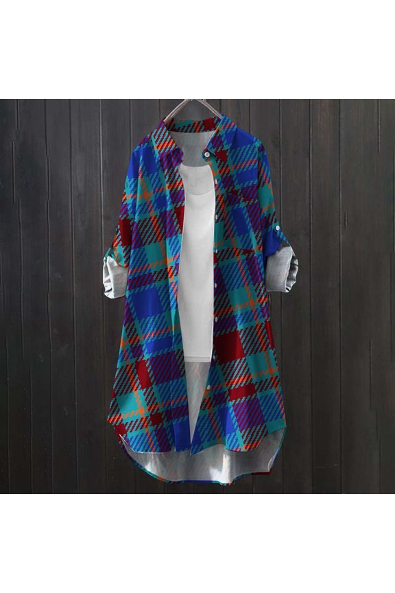 Women's Standing Checkered Printed Long Cardigan, Womens Tops, Cardigan Sweaters for Women, Long Sleeve Shirts for Women