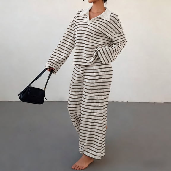BILIKEYU Women's Striped Fashionable Knitted Loose Sweatsuit, Fleece Pajamas Women, Sweatsuits Women 2 Piece Outfit, Fuzzy Pajama Pants