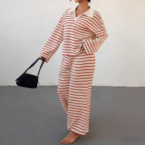 BILIKEYU Women's Striped Fashionable Knitted Loose Sweatsuit, Fleece Pajamas Women, Sweatsuits Women 2 Piece Outfit, Fuzzy Pajama Pants