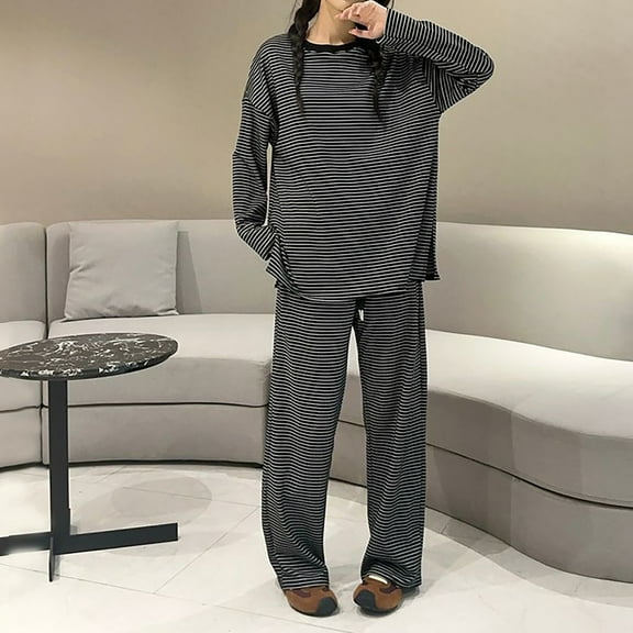 BILIKEYU Women's Striped Round Neck Sweatsuit, Sweatsuits Women 2 Piece Outfit, Wide-Leg Trousers, Fleece Pajamas Women