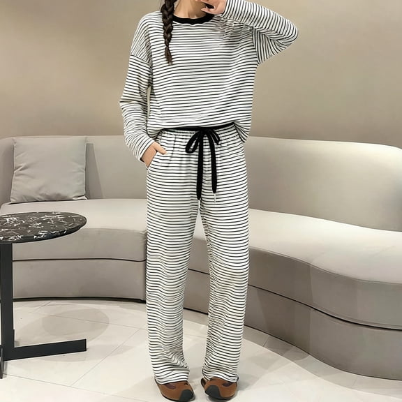 BILIKEYU Women's Striped Round Neck Sweatsuit, Sweatsuits Women 2 Piece Outfit, Wide-Leg Trousers, Fleece Pajamas Women