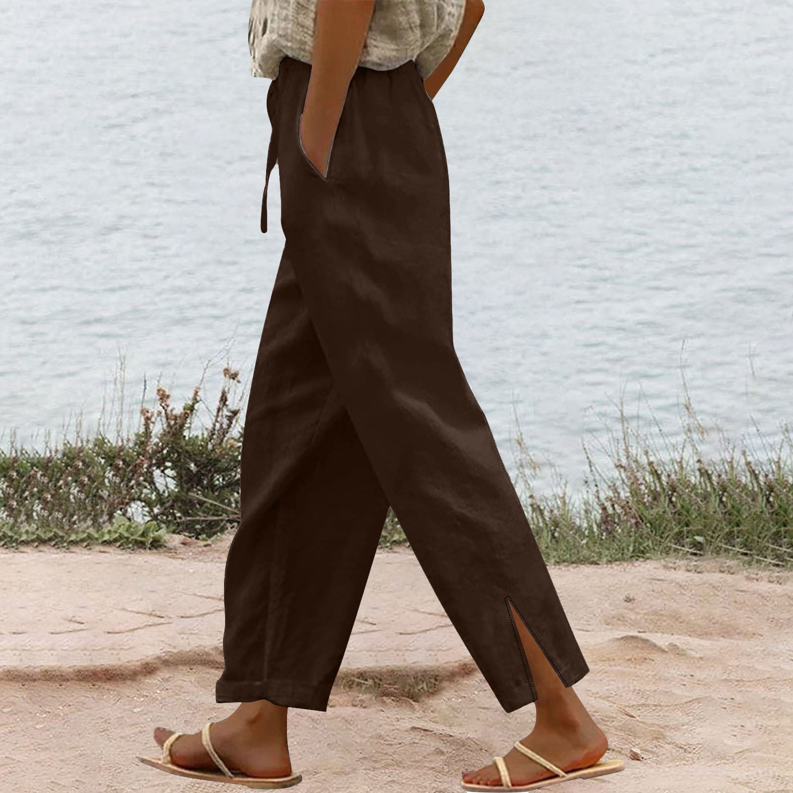 Women Summer Casual Pure Color 100 Cotton Wide Leg Pants 5