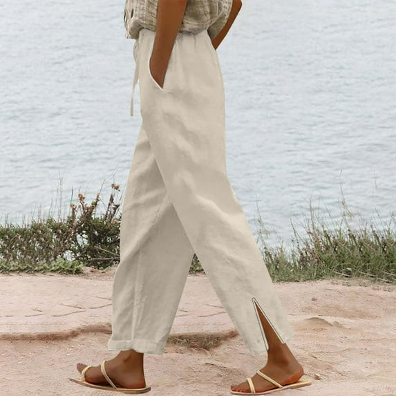BILIKEYU Women's Summer Long Solid Color Cotton Linen Straight Leg Casual Pants, Stretchy Work Pants for Women, Lounge Pants Women, Wide Leg Pants Woman