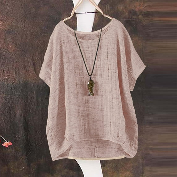 BILIKEYU Women's Summer Short Sleeve Solid Casual Loose Linen Top, Womens Summer Tops, Summer Tops, Crew Neck Sweatshirts Women