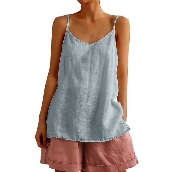 BILIKEYU Women's Tough Quality Linen, Loose Fit Casual Sleeveless Cami Blouse Breathable Cotton Flowy Summer Beach Resort Outfits, Light Blue