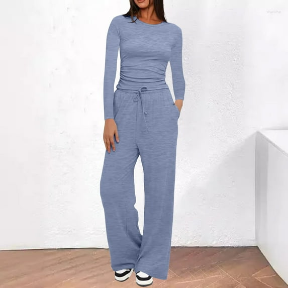 BILIKEYU Women's Wide Leg Long Sleeve Crop Pajamas, Womens Tops, Womens Pajamas Set, 2 Piece Sets for Women
