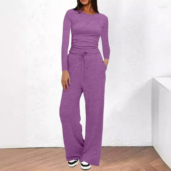 BILIKEYU Women's Wide Leg Long Sleeve Crop Tops Matching Sets, Fall Pajamas Women, Pajamas for Women Set, Fall Clothes