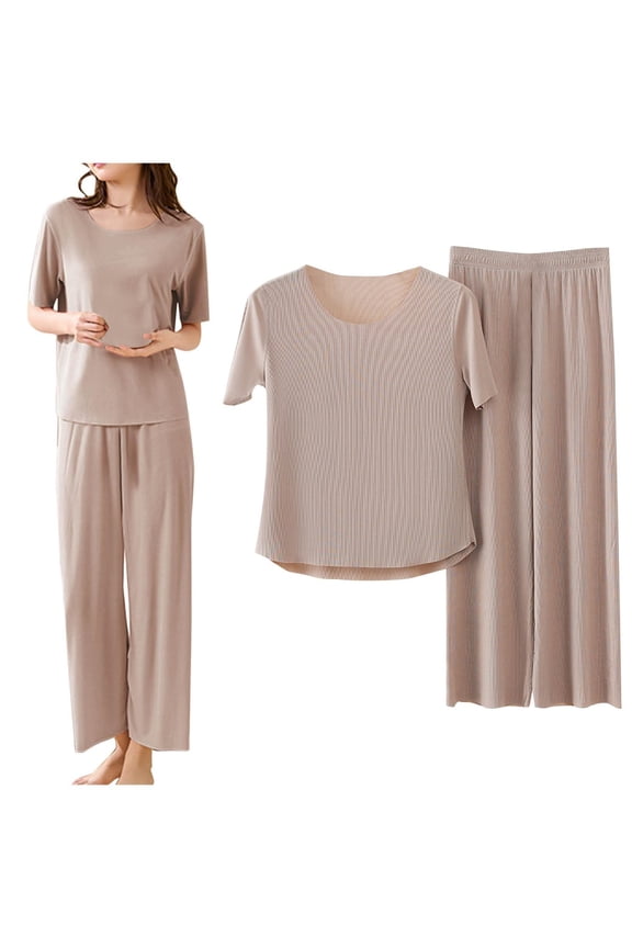 Womens 2 Piece Outfits Summer Casual Loose Short Sleeve Pullover Tops & Wide Leg Pants Sets New, Pajamas for Women Set, 2 Piece Sets for Women, Fall Pajamas Women