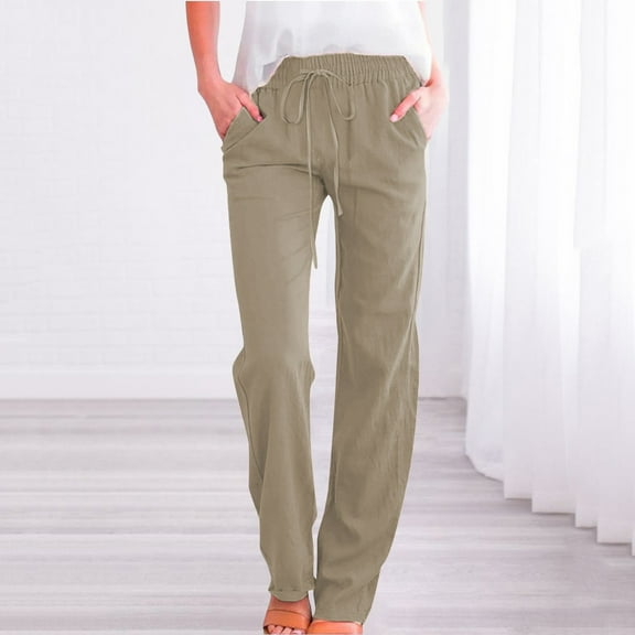 BILIKEYU Womens Casual Cotton Linen Solid Long Trousers, Sweat Pants, Elastic Waist Jeans for Women, Wide Leg Pants Woman