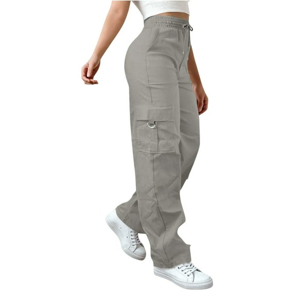 BILIKEYU Womens Daily Elastic Waist Pockets Straight Solid Color Casual Pants Loose Pockets Cargo Long Trousers, Pants for Women, Cargo Pants Women, Work Pants Women