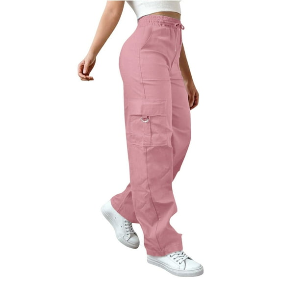 BILIKEYU Womens Daily Elastic Waist Pockets Straight Solid Color Casual Pants Loose Pockets Cargo Long Trousers, Pants for Women, Cargo Pants Women, Work Pants Women
