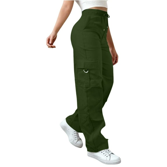 BILIKEYU Womens Daily Elastic Waist Pockets Straight Solid Color Casual Pants Loose Pockets Cargo Long Trousers, Pants for Women, Cargo Pants Women, Work Pants Women