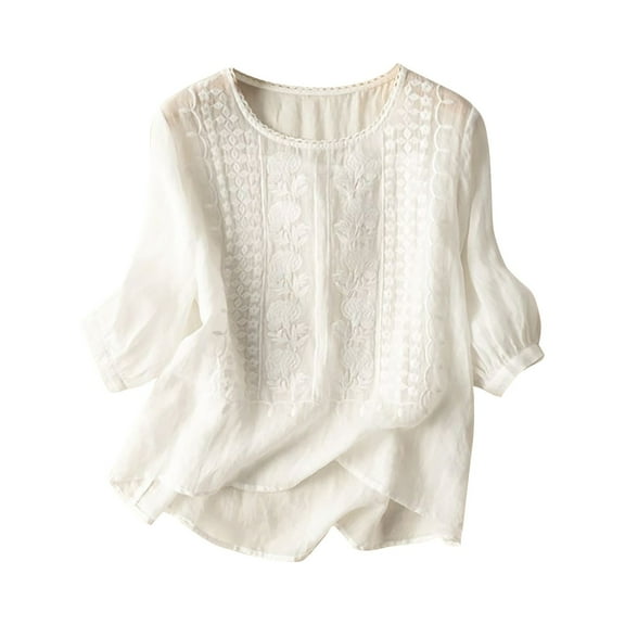 BILIKEYU Womens Embroidered Tops, Casual Summer Boho T Shirts Loose Fit Short Sleeve Floral Blouses, Summer Tops For Women, Cotton Linen Tops For Women, Cropped T Shirts For Women