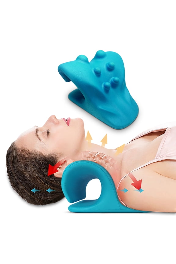 Neck and Shoulder Relaxer, Cervical Traction Device for Muscle Tension Relief, Neck Stretcher for TMJ Pain Relief and Cervical Spine Alignment, Chiropractic Pillow, blue