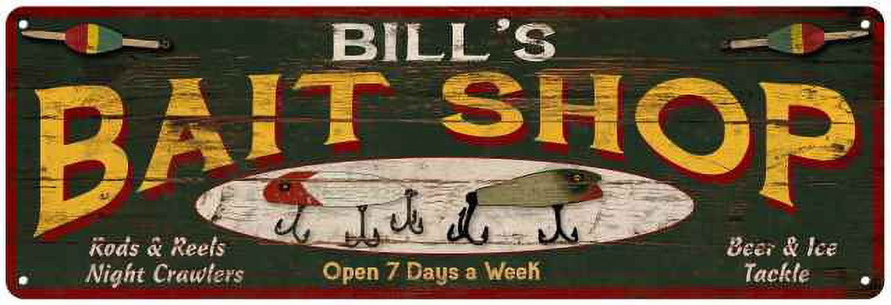 BILL'S Bait Shop Sign Wood Look Man Cave Den Gift 6x18 Metal 106180024162