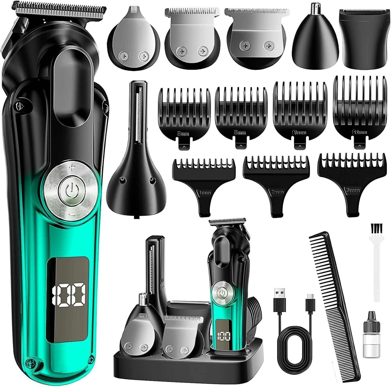 BILLAR 6 in 1 Professional Mens Grooming Kit for Mustache,Body, 17 Piece All-in-One Mens Grooming Kit and Hair Clipper, Nose, Ear,Body and Face, Electric Razor with Type-C Recharge Dock