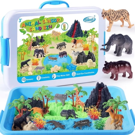 Billeeit Magic Jungle Animal Sand Kit for Kids Ages 3+, 3 Colors Play Sand (2.2 lbs), Animal Molds, Zoo Map, 38 PCS Accessories, Animal Pretend Play Creative Sand Play Set for Boys
