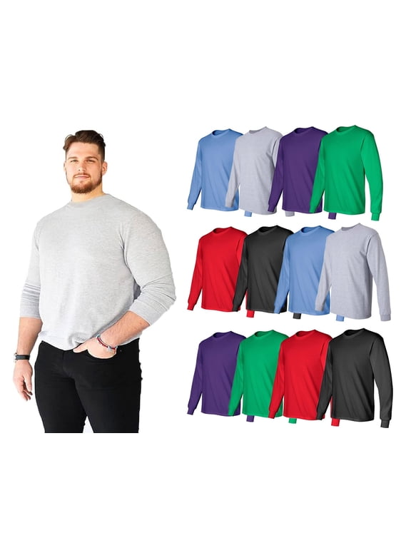 Big & Tall Long Sleeve Colorful T-Shirts for Mens Cotton Blend - Crew Neck Bulk Tees for Plus Size Wholesale Tshirt Packs, 3X-Large