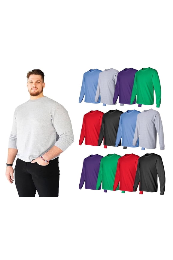 Big & Tall Long Sleeve Colorful T-Shirts for Mens Cotton Blend - Crew Neck Bulk Tees for Plus Size Wholesale Tshirt Packs, 5X-Large