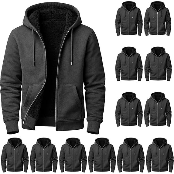 BILLIONHATS 12 Pack Men's Cotton Fleece Sherpa Lined Zipper Hoodie, Wholesale Bulk Donations, Assorted Sizes S-XL Color Grey