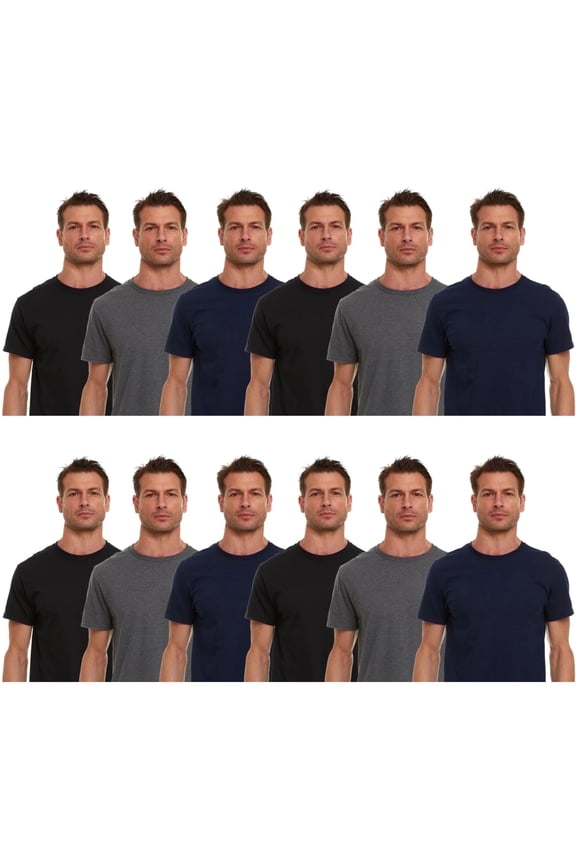 12 Pack Men's Solid Colors Cotton T-Shirts Short Sleeve Lightweight Tees, Bulk Black, Gray and Navy, Size Large