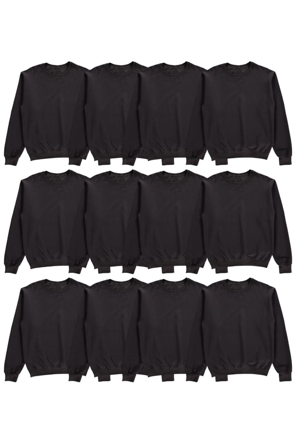 12 Pack Mens Adult Crewneck Fleece Lined Pullover Sweatshirt Bulk, BLack Color, Wholesale Multipack Donation for Homeless (3X-Large)