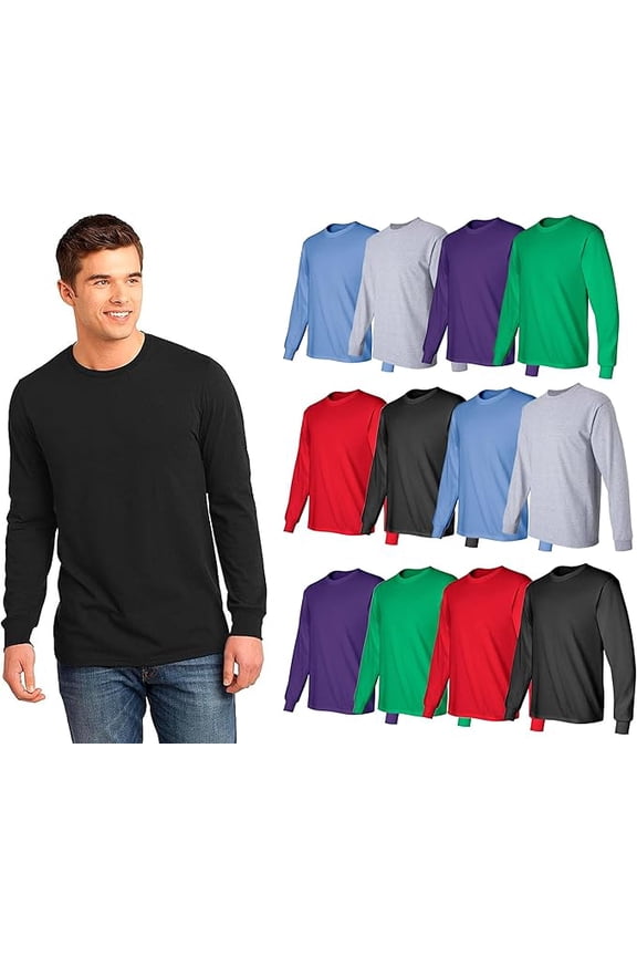 12 Pack Mens Long Sleeve Colorful T-Shirts, Cotton Blend - Crew Neck Bulk Tees for Men, Wholesale Sleeved Tshirt Packs, 5X-Large
